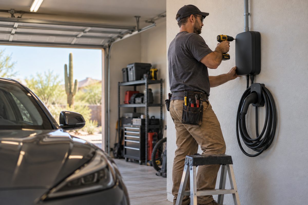 Electrician mounting a Level 2 EV charger with surface conduit on a Phoenix garage wall