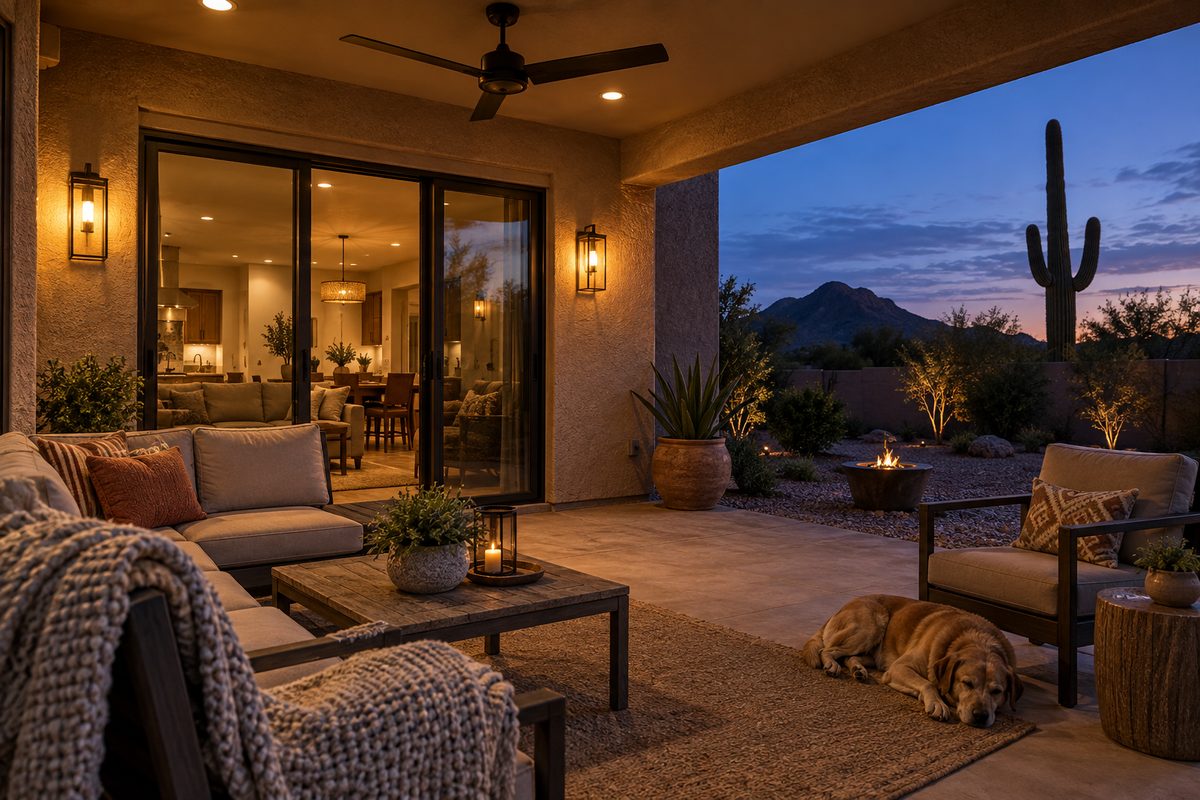Finished patio with recessed soffit lights, wall lanterns and an outdoor ceiling fan at a Phoenix home at dusk