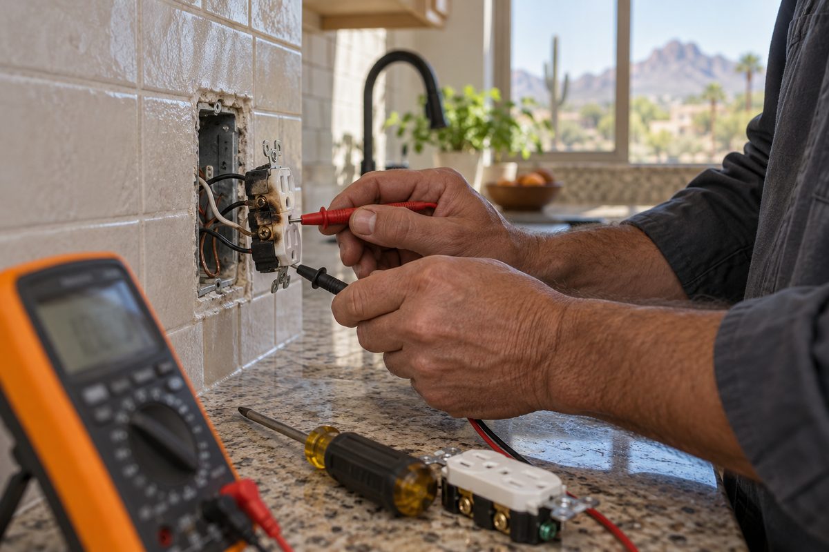 Electrician testing a scorched kitchen receptacle connection with multimeter probes