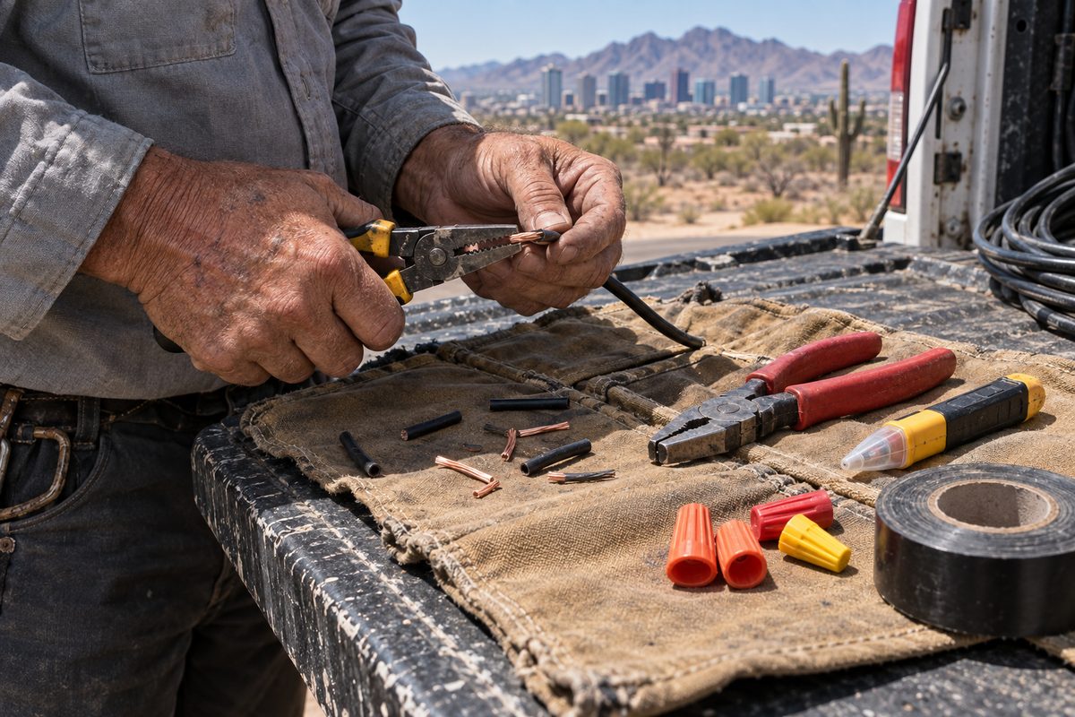 Electrician stripping copper wire on a truck tailgate with pliers, a voltage tester and tape laid out