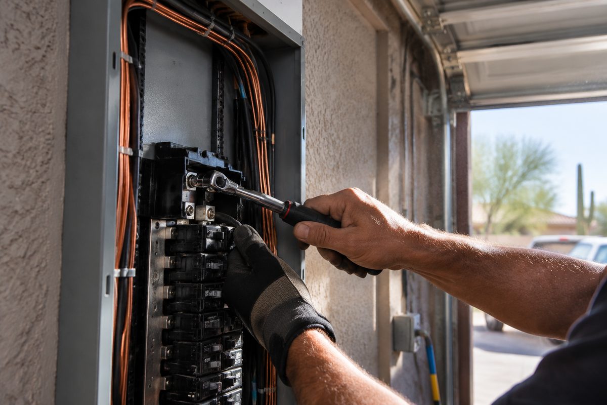 LiveWire electrician tightening a breaker terminal inside an open home electrical panel in a Phoenix garage