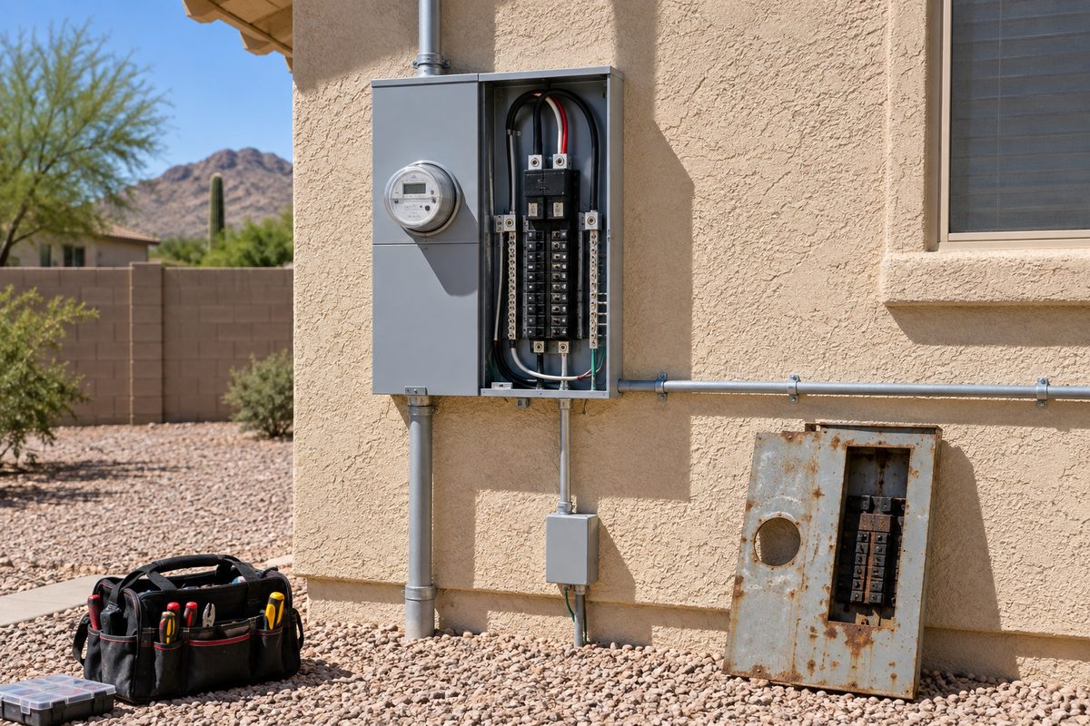 Newly installed 200 amp meter and main panel on a Phoenix home with the old panel removed beside it