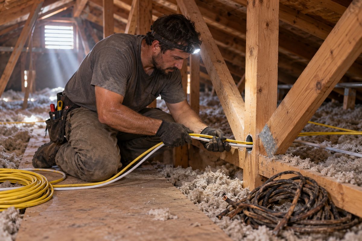 Electrician pulling new grounded cable through attic trusses while replacing old cloth wiring