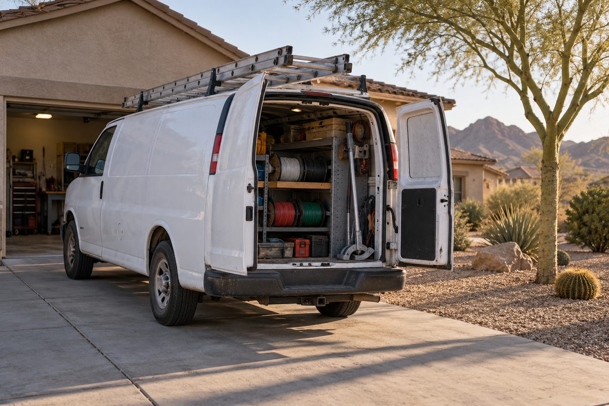 LiveWire Electrician work van parked at a Phoenix home with rear doors open showing cable reels and tools